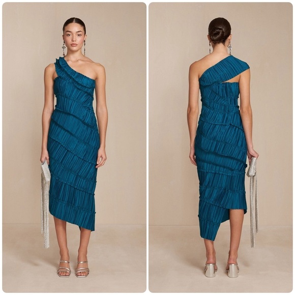 New! Cult Gaia Livia One Shoulder Asymmetric Gown in Deep Teal Seamoss 🌊🐚 XS - Picture 2 of 16